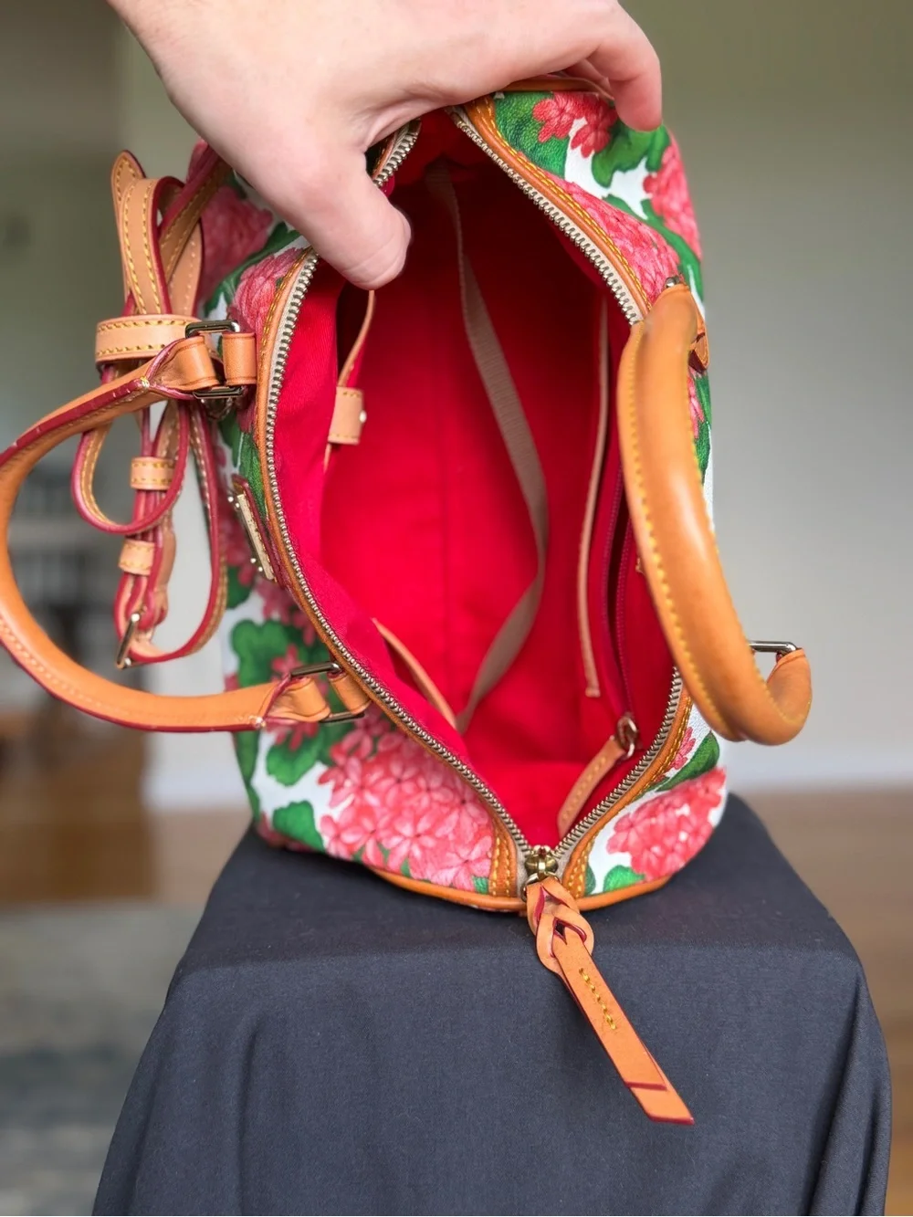 Dooney & Bourke Floral Satchel with Tan Leather Trim & matching coin purse set